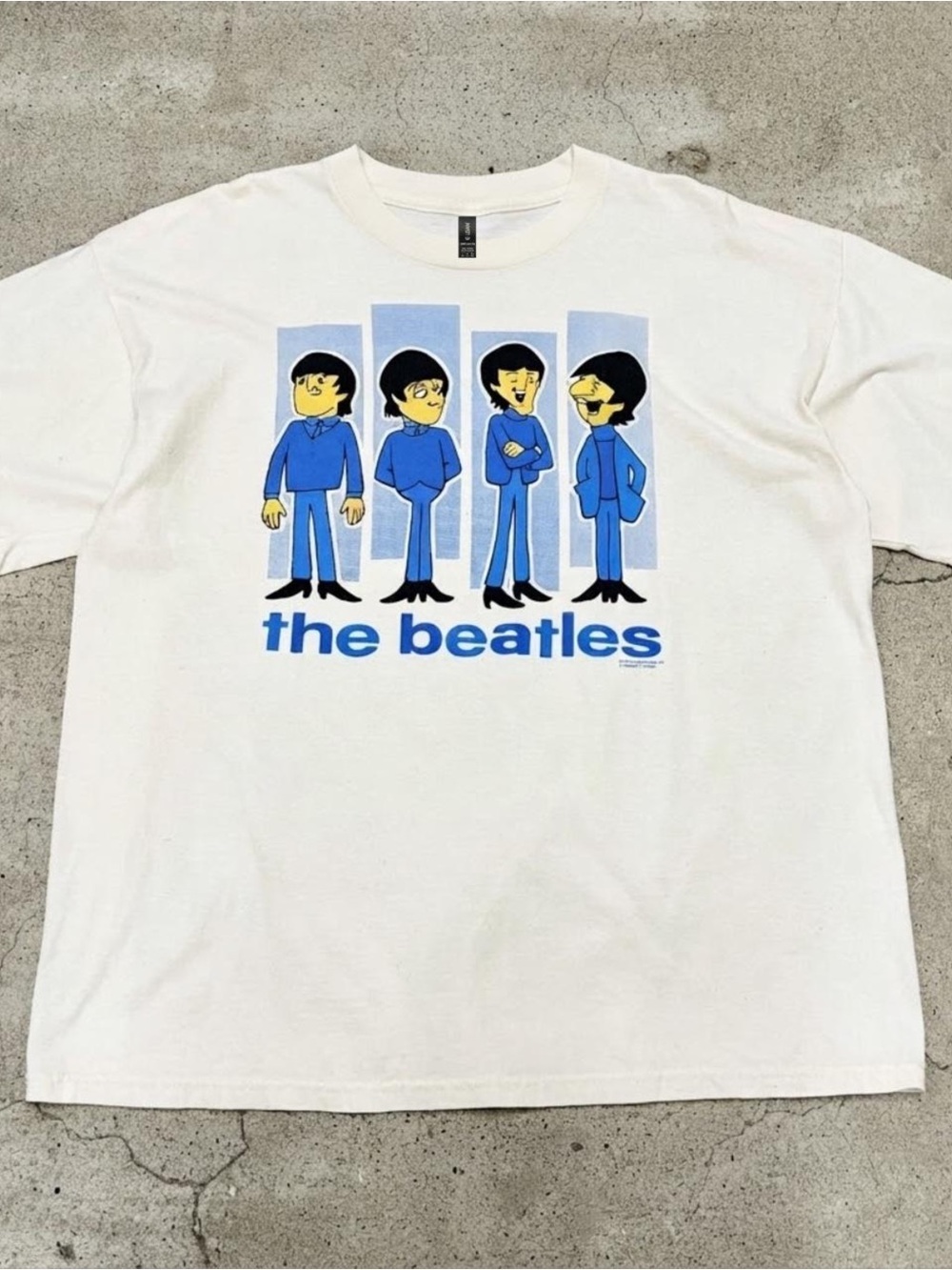 Gildan White T-Shirt with Blue Cartoon Beatles Graphic